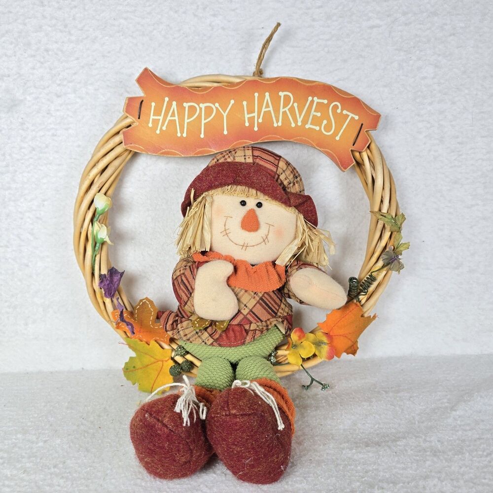 Happy Harvest 13" Wreath Thanksgiving Angel Wood Pine Cones Fall Door Decor VTG